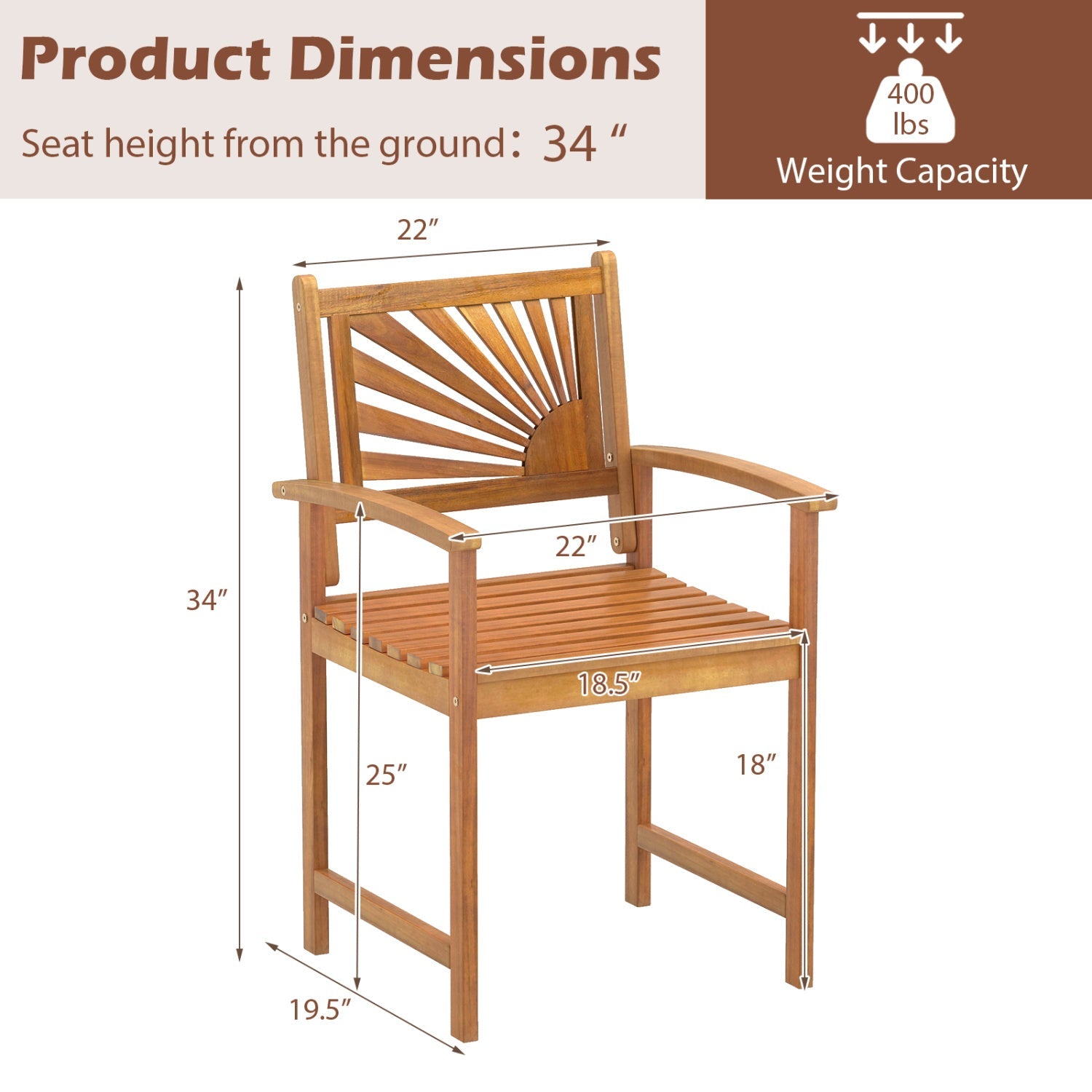 Acacia wood patio dining chairs set of 2 with sunburst back, slatted seat DirectDeals on Tampa Home & Garden Store