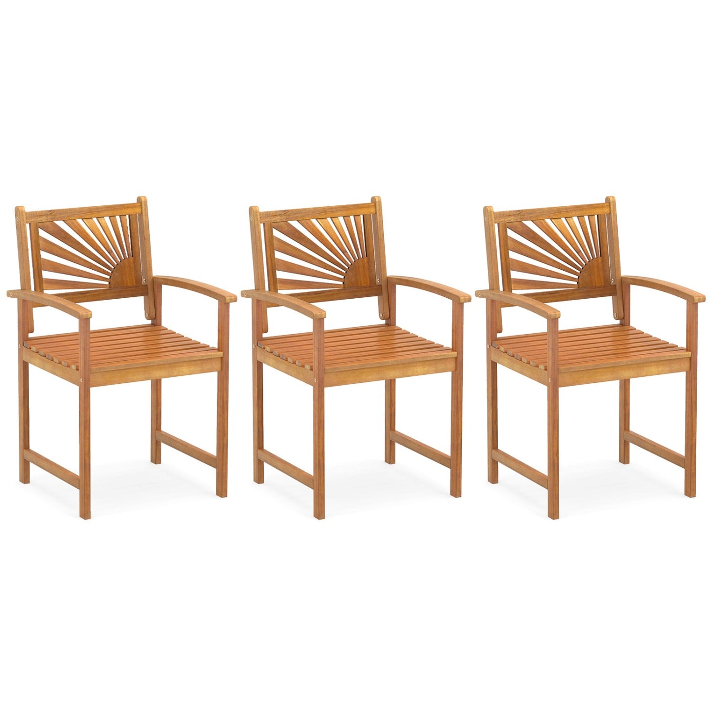 Acacia wood patio dining chairs three with curved armrests and sunburst back finish on Tampa Home & Garden Store