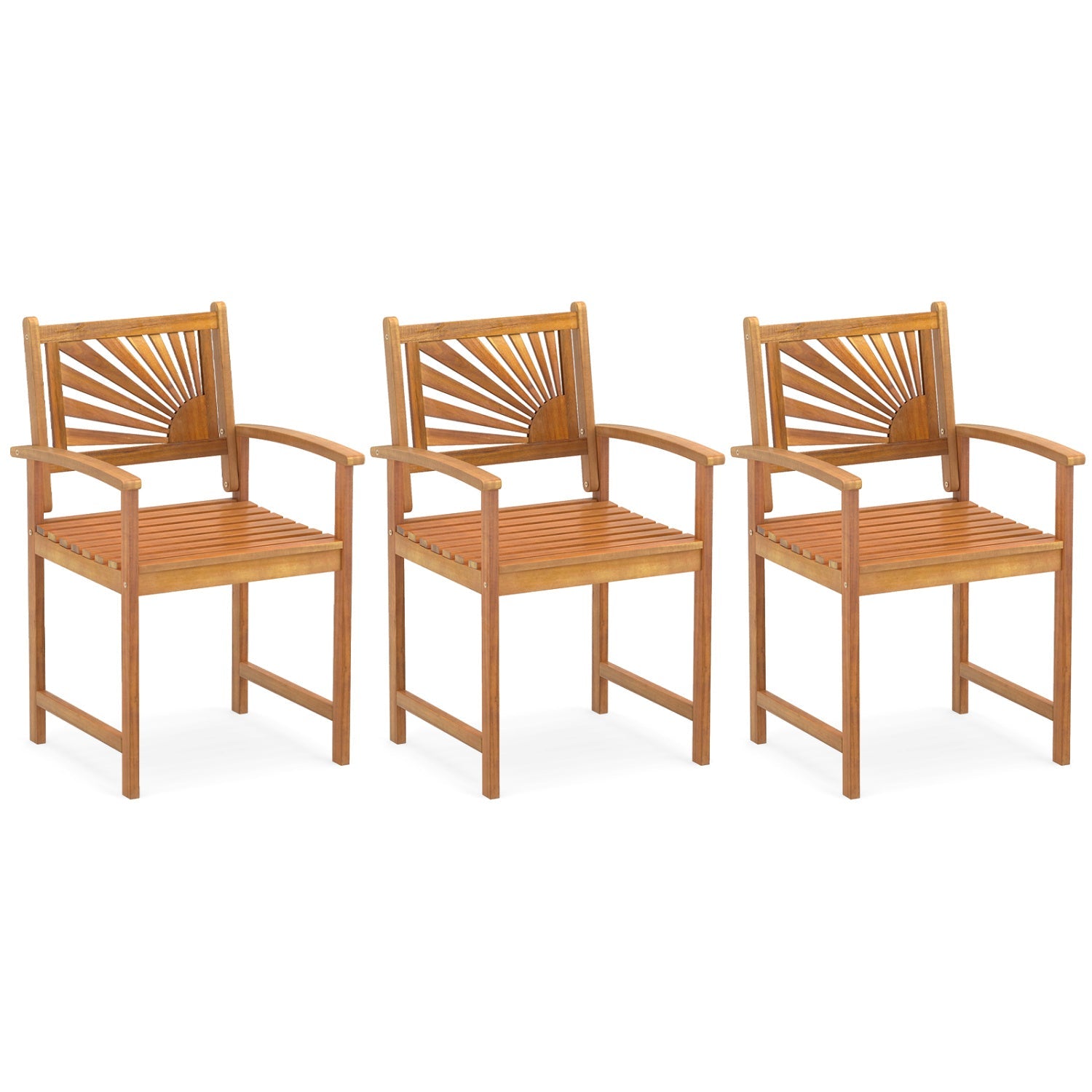 Acacia wood patio dining chairs three with curved armrests and sunburst back finish on Tampa Home & Garden Store
