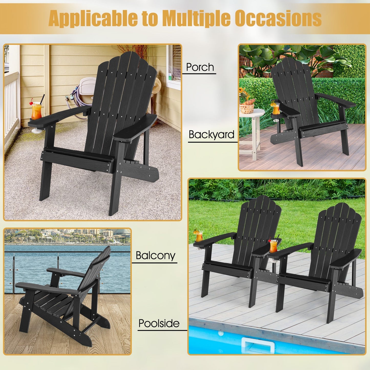 Sillón Adirondack de exterior de HIPS resistente a la intemperie con portavasos - Negro