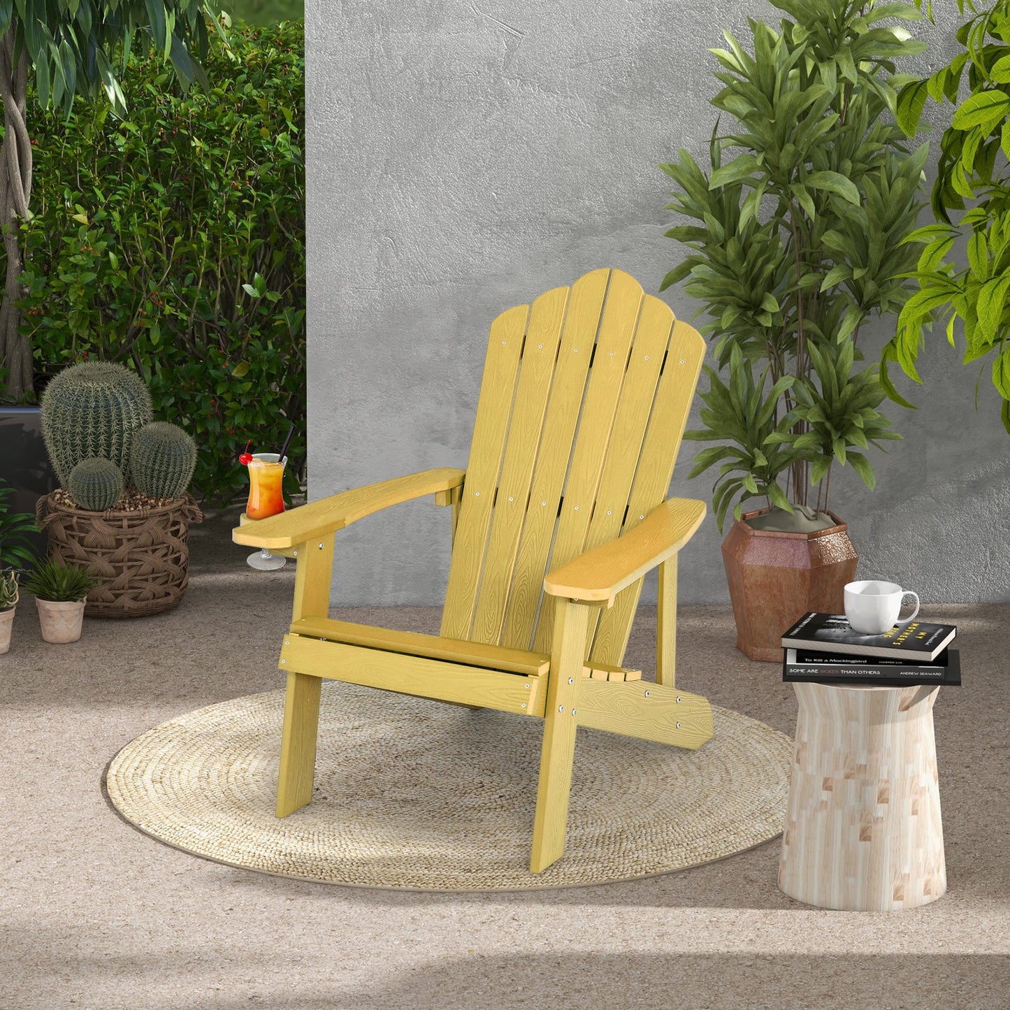 Silla Adirondack para exteriores de HIPS resistente a la intemperie con portavasos - Amarillo