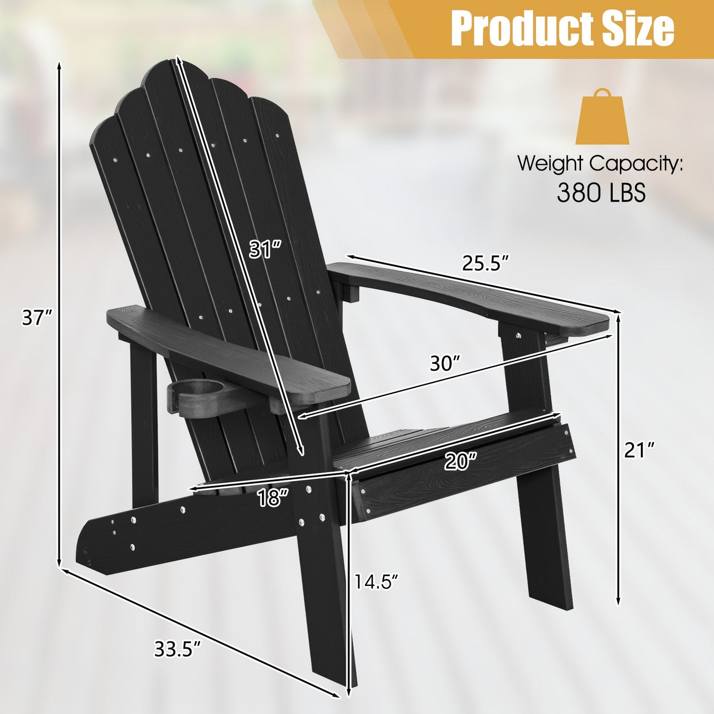 Sillón Adirondack de exterior de HIPS resistente a la intemperie con portavasos - Negro