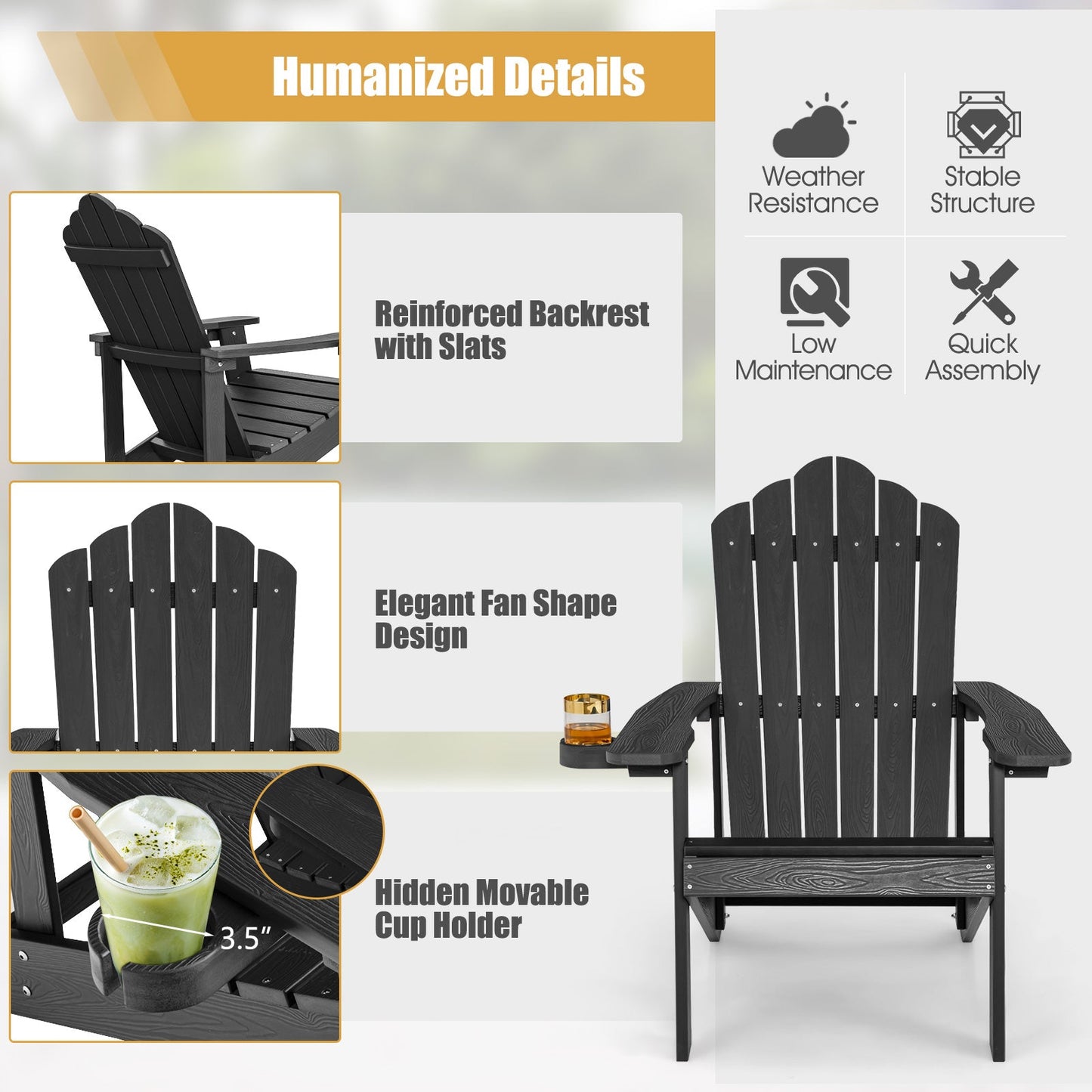 Sillón Adirondack de exterior de HIPS resistente a la intemperie con portavasos - Negro
