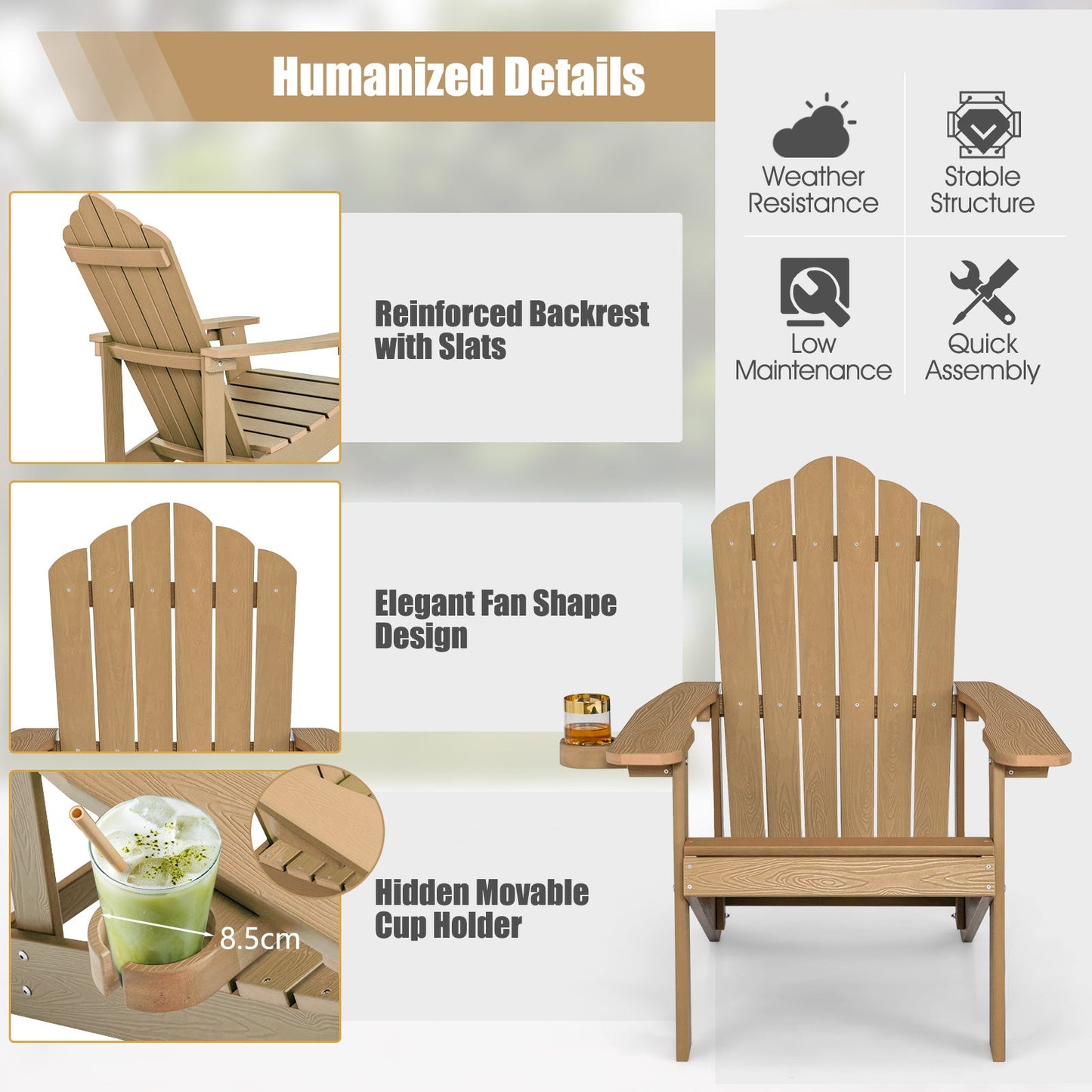 Silla Adirondack para Exterior de HIPS Resistente a la Intemperie con Portavasos-Café