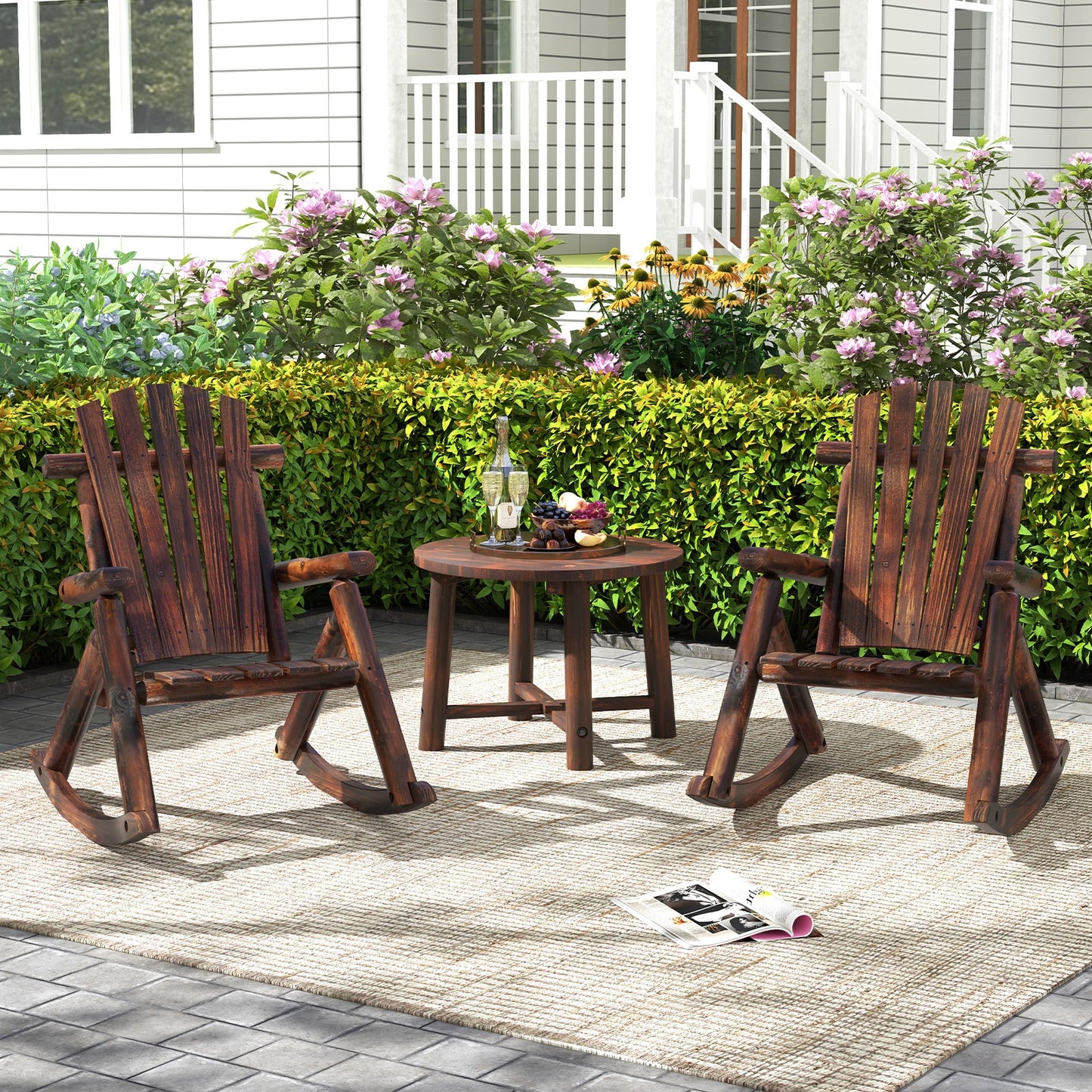 Mecedora Adirondack de exterior para adultos, mecedora de madera maciza para porche - Marrón