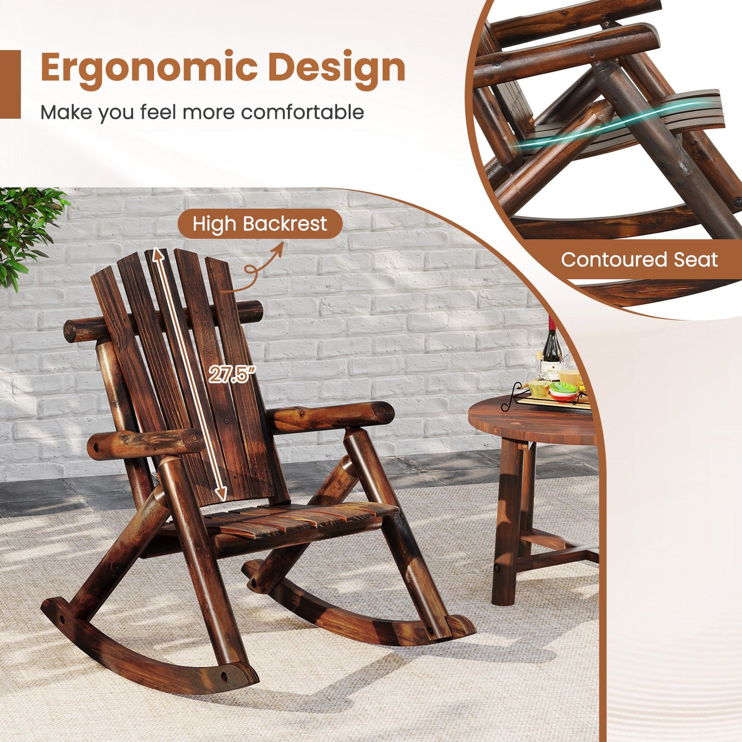 Outdoor Adirondack Rocking Chair for Adults Solid Wood Porch Rocker-Brown