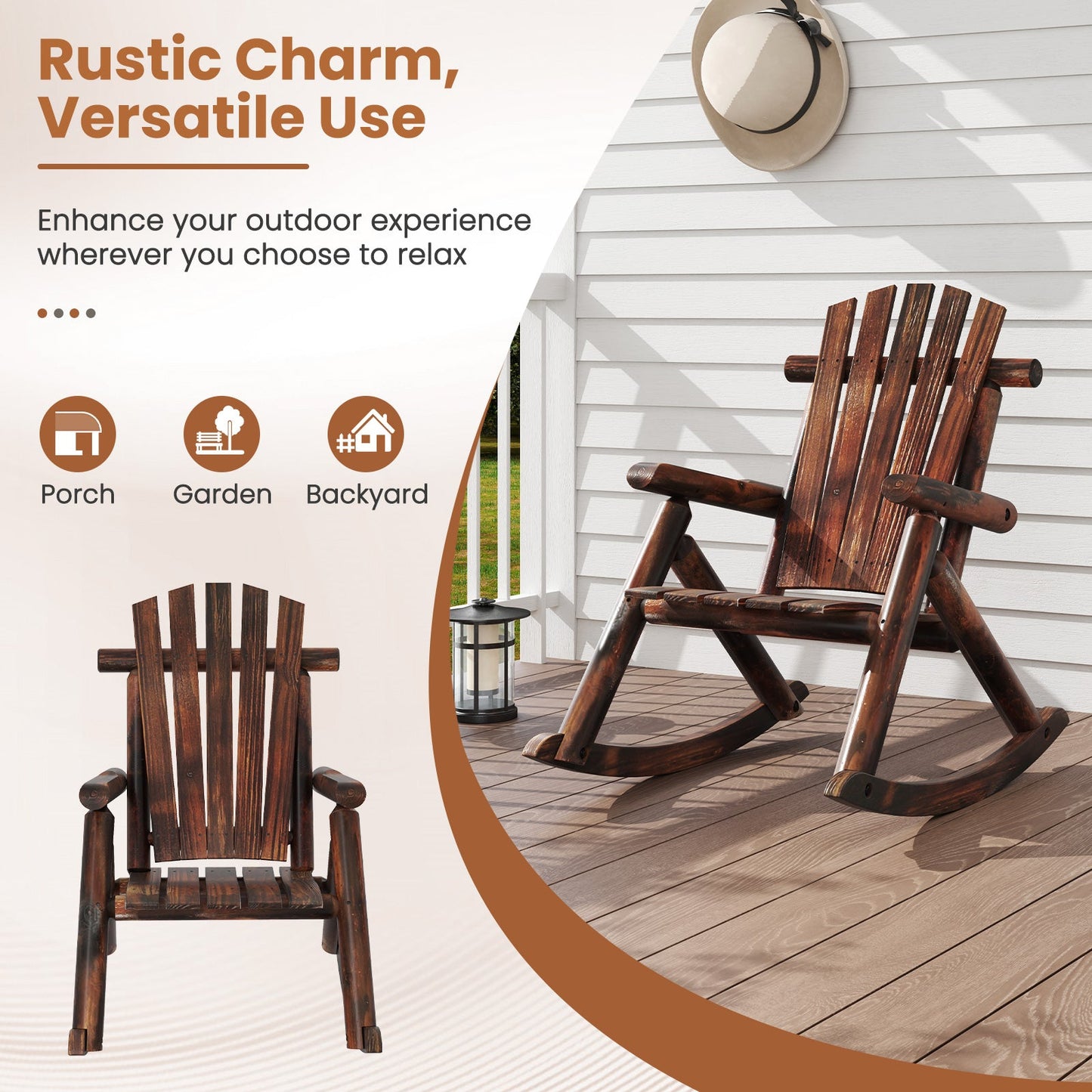 Outdoor Adirondack Rocking Chair for Adults Solid Wood Porch Rocker-Brown