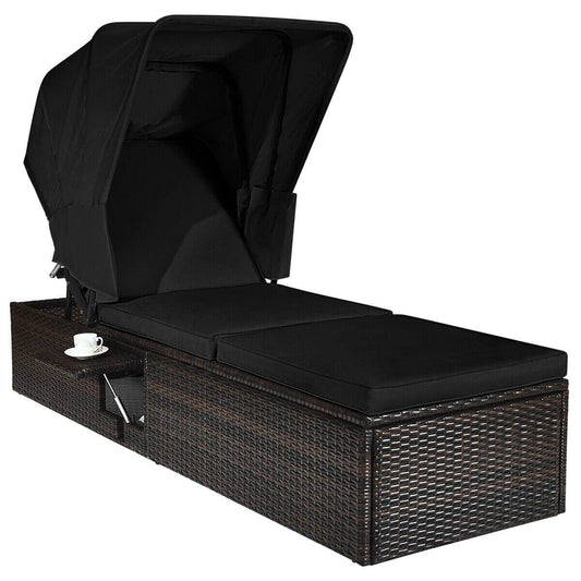 Outdoor Adjustable Cushioned Chaise Lounge Chair with Folding Canopy-Black - Tampa Home & Garden Store