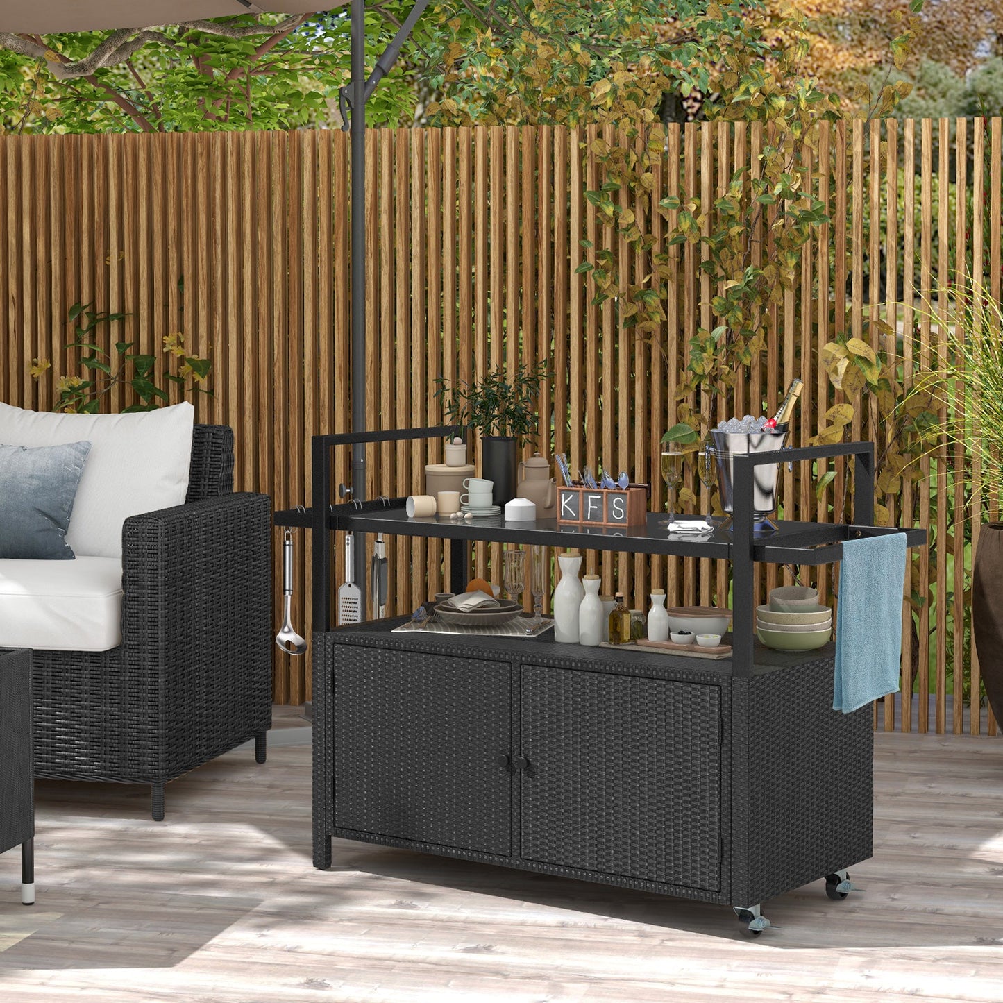 GemGear outdoor bar cart wicker buffet with cabinet and 8 hooks, black rattan on wheels on Tampa Home & Garden Store