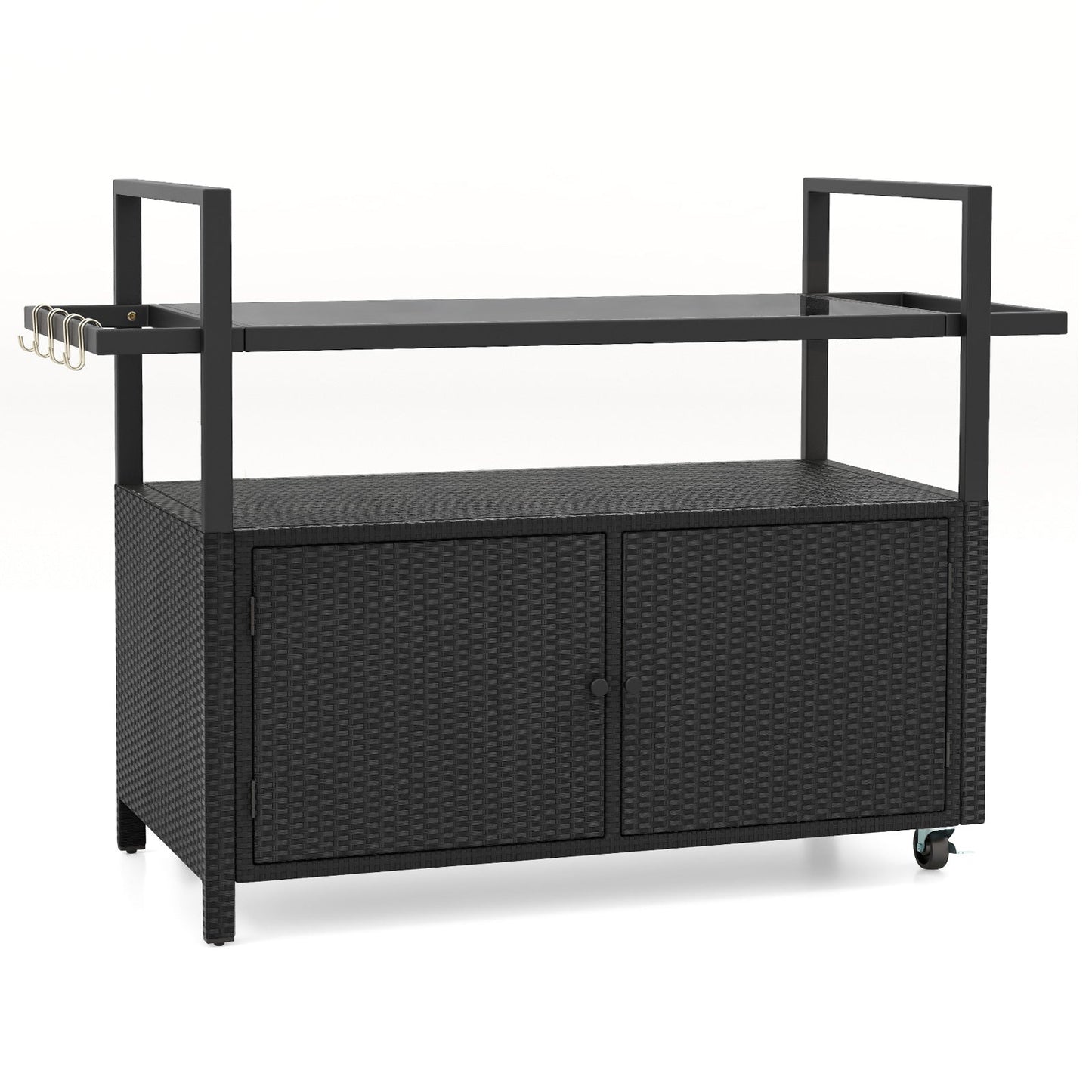 Carrito de bar para exteriores de mimbre con armario y 8 ganchos - Negro