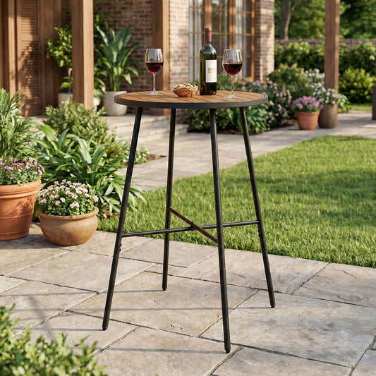 Outdoor Bar Table 41 inch Bar Height Patio Round Table with Acacia Wood Top and Metal Frame - Tampa Home & Garden Store