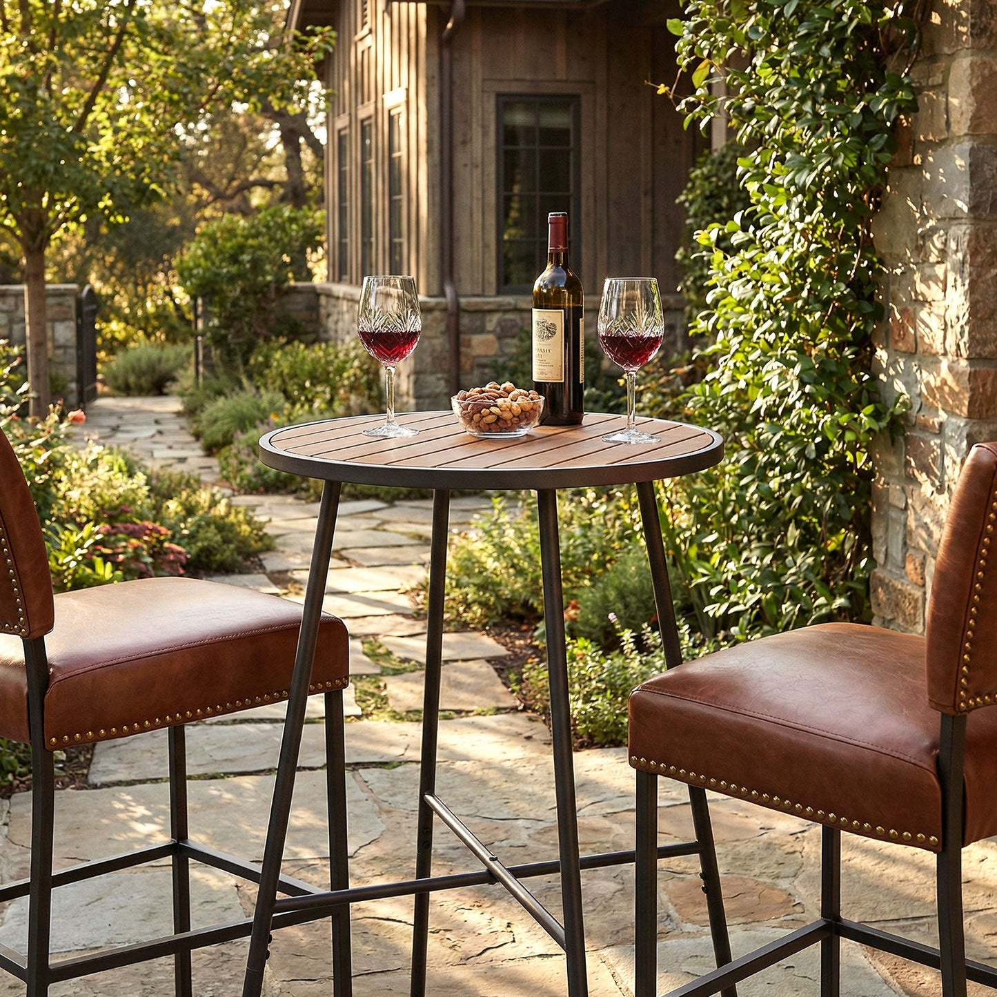 Outdoor Bar Table 41 inch Bar Height Patio Round Table with Acacia Wood Top and Metal Frame