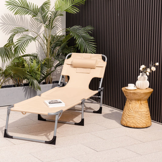 Folding Beach Lounge Chair with Pillow for Outdoor-Beige - Tampa Home & Garden Store