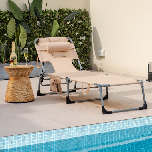 Folding Beach Lounge Chair with Pillow for Outdoor-Beige - Tampa Home & Garden Store
