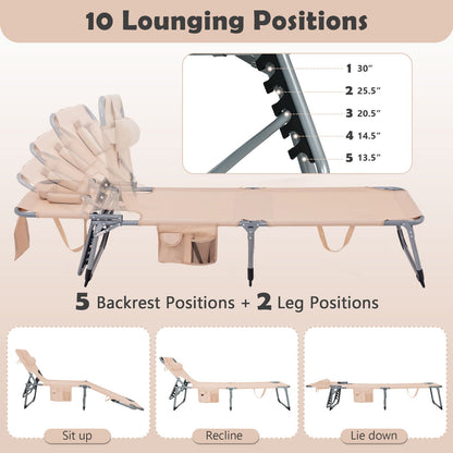 Folding Beach Lounge Chair with Pillow for Outdoor-Beige