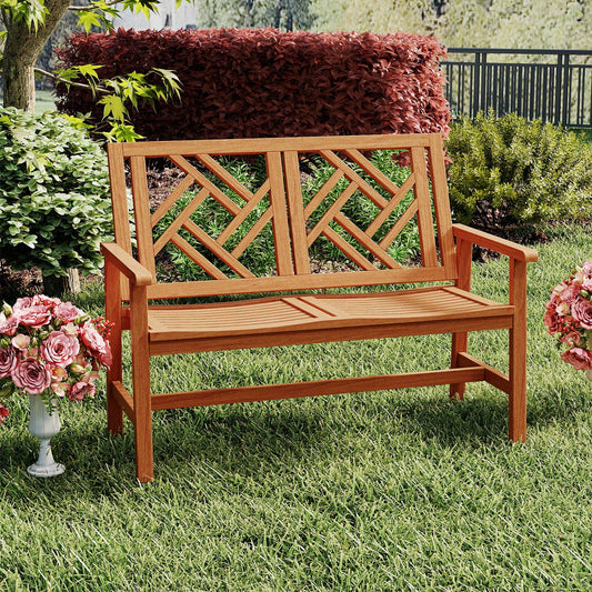 Outdoor Bench Wood 2-Person Patio Loveseat Chair with Geometric Backrest - Tampa Home & Garden Store