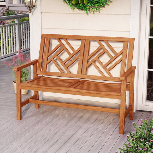 Outdoor Bench Wood 2-Person Patio Loveseat Chair with Geometric Backrest - Tampa Home & Garden Store