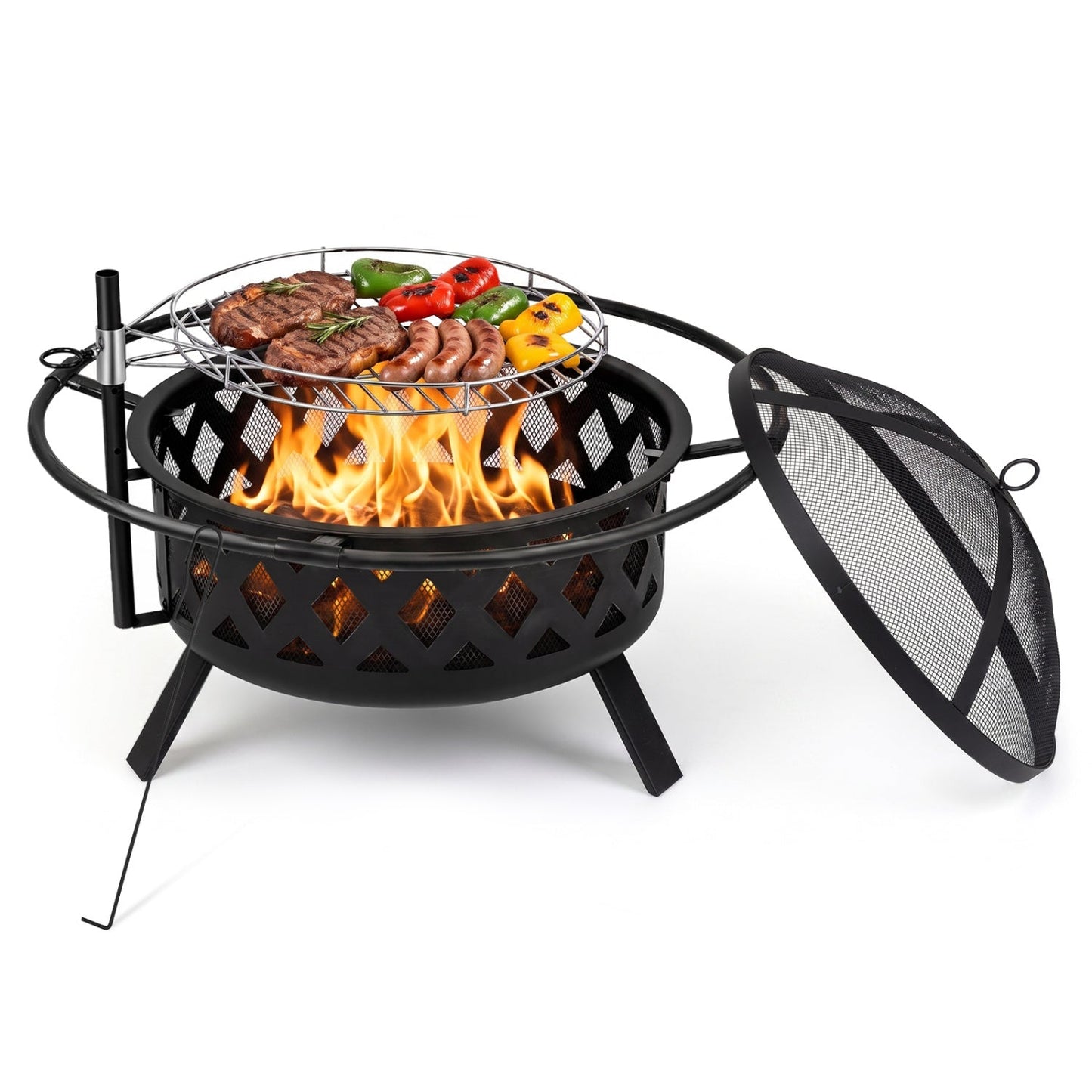 36-Inch Fire Pit Table DirectDeals with adjustable rotatable grill grate, black steel on Tampa Home & Garden Store