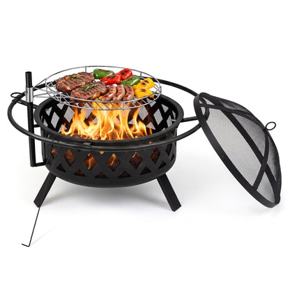 36-Inch Fire Pit Table DirectDeals with adjustable rotatable grill grate, black steel on Tampa Home & Garden Store