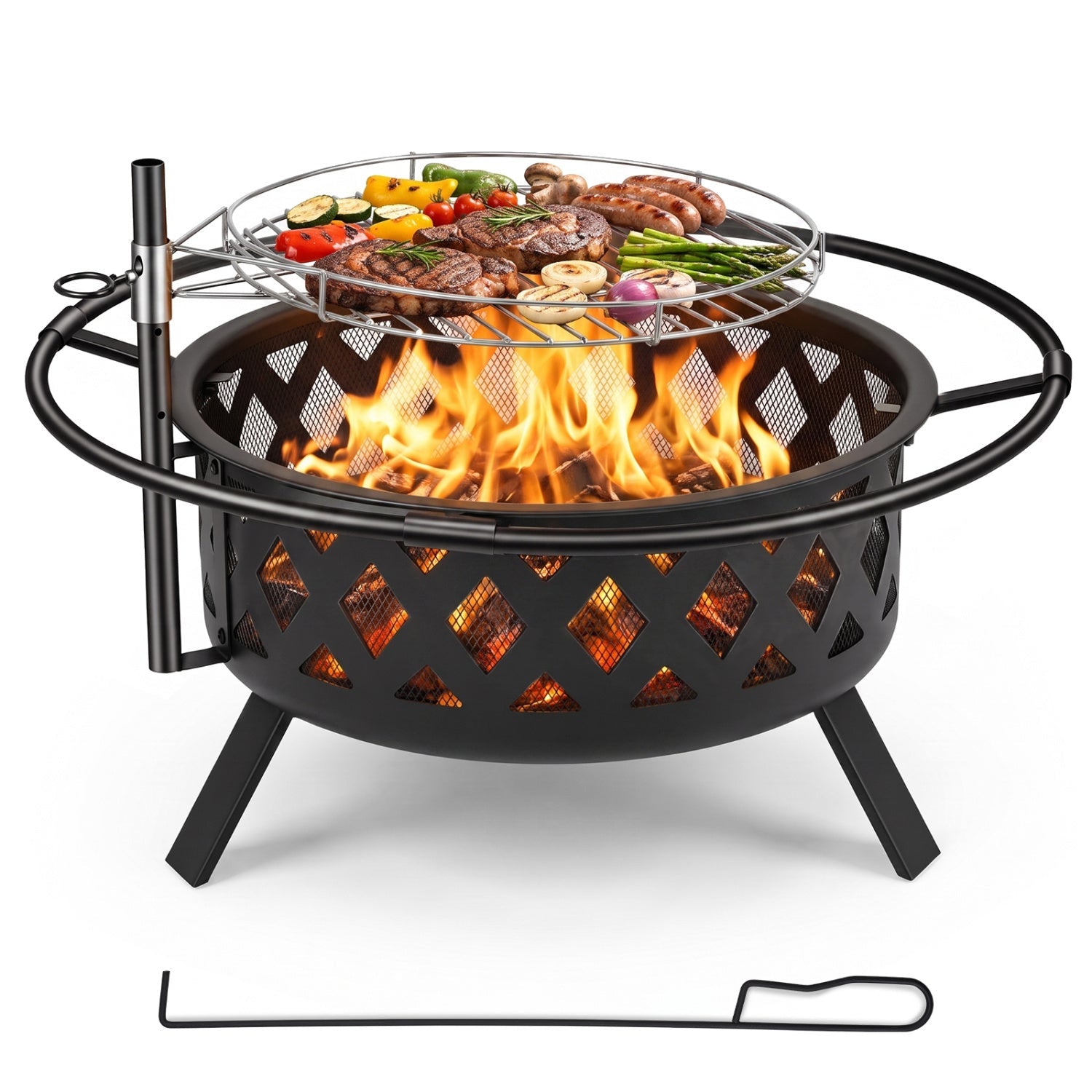 36-Inch Fire Pit Table with Adjustable Rotating Grill Grate DirectDeals, black steel with mesh sides on Tampa Home & Garden Store