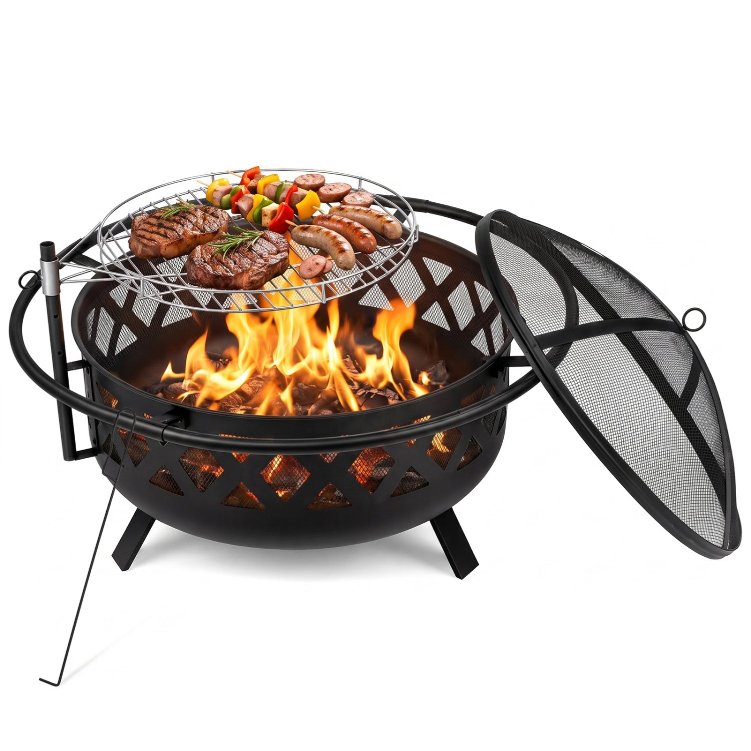 36-Inch Fire Pit Table with Adjustable Grill Grate, DirectDeals, black steel with steak and sausages on Tampa Home & Garden Store
