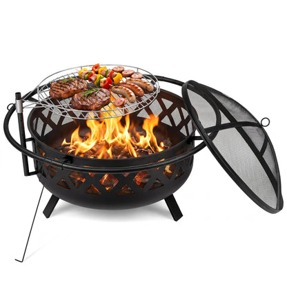 36-Inch Fire Pit Table with Adjustable Grill Grate, DirectDeals, black steel with steak and sausages on Tampa Home & Garden Store