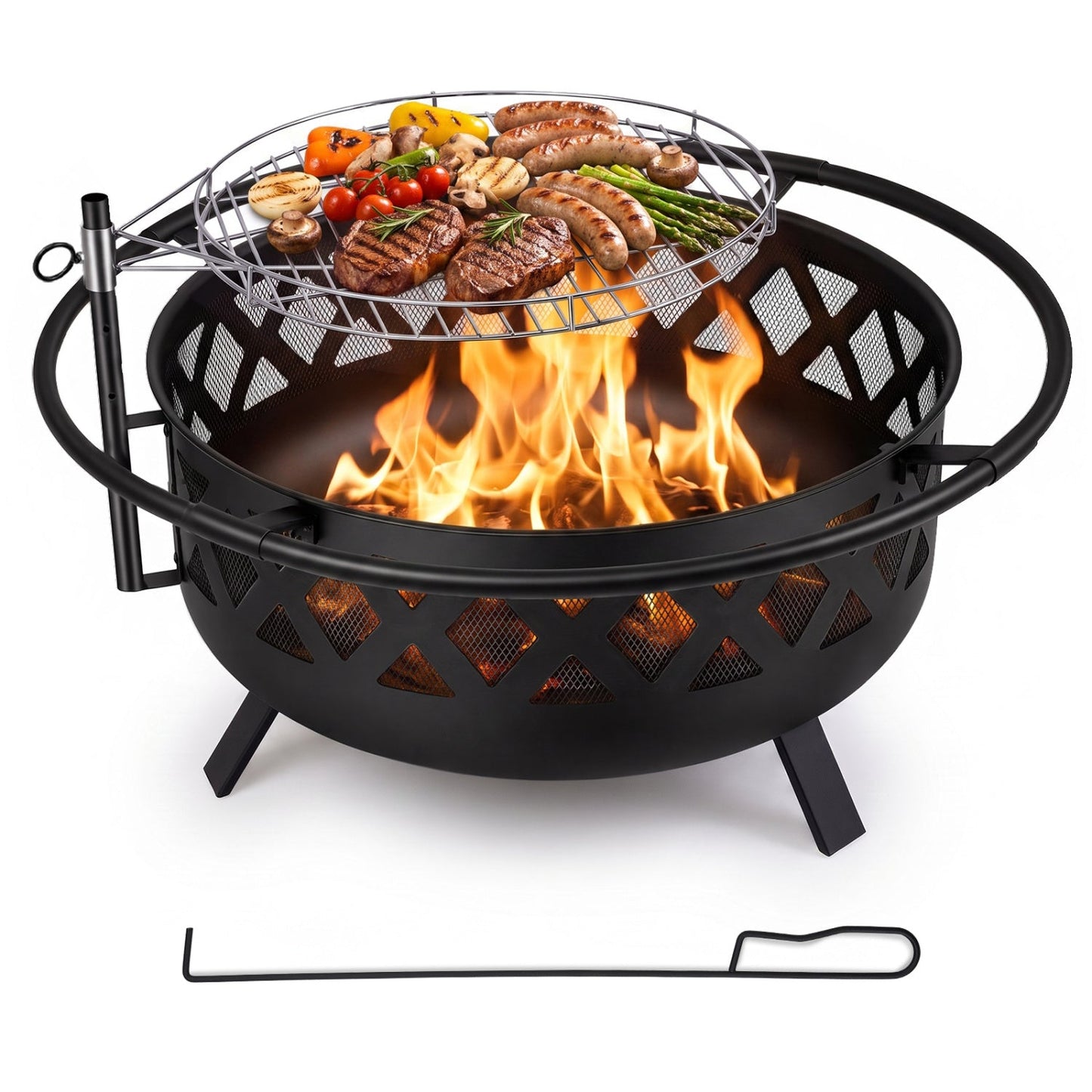 36-Inch Fire Pit Table with Rotatable Grill Grate black round pit with mesh sides and grill rack on Tampa Home & Garden Store