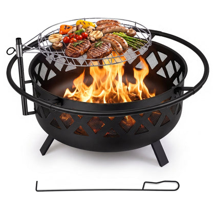 36-Inch Fire Pit Table with Rotatable Grill Grate black round pit with mesh sides and grill rack on Tampa Home & Garden Store