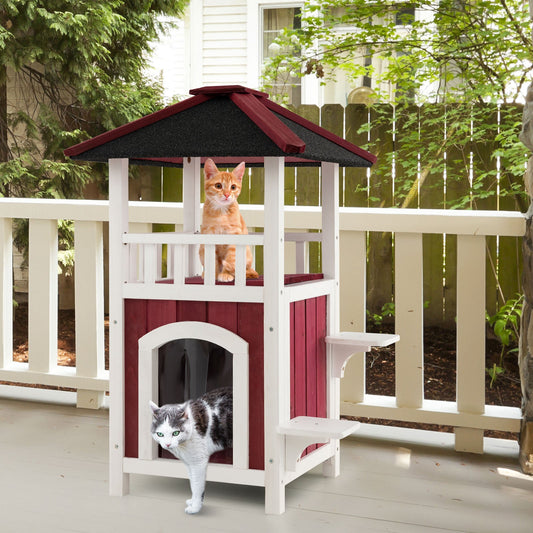 2-Story Wooden Cat House with Asphalt Roof Balcony and Rain Curtain-Red & White - Tampa Home & Garden Store