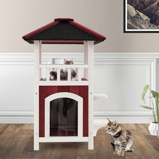 2-Story Wooden Cat House with Asphalt Roof Balcony and Rain Curtain-Red & White - Tampa Home & Garden Store