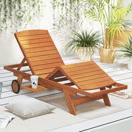 Outdoor Chaise Lounge Chair with Wheels 4-Position Patio Wood Recliner with Adjustable Backrest - Tampa Home & Garden Store