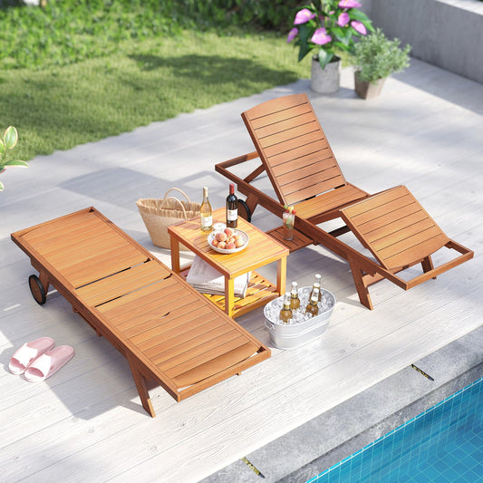 Outdoor Chaise Lounge Chair with Wheels 4-Position Patio Wood Recliner with Adjustable Backrest - Tampa Home & Garden Store