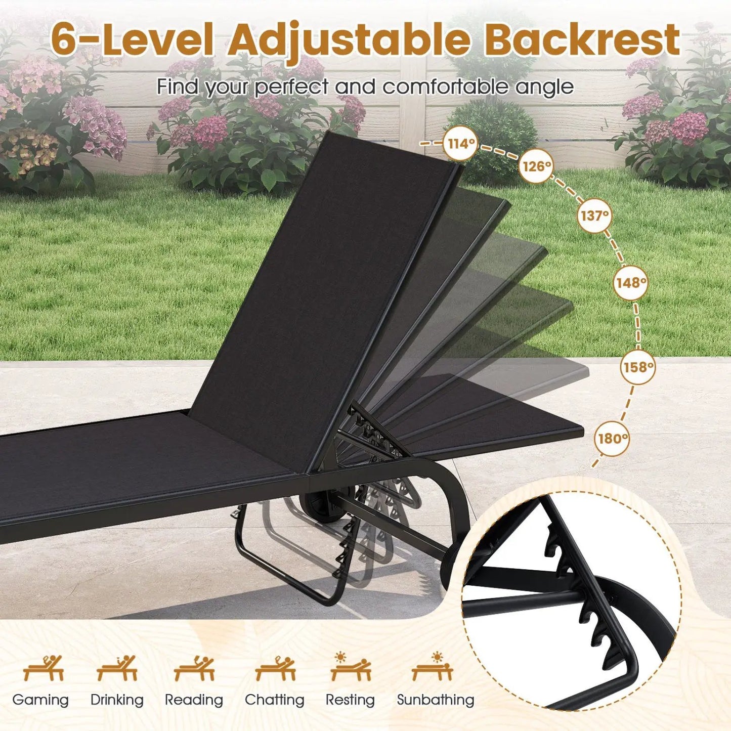 Outdoor Chaise Lounge Chair with Wheels and Frame