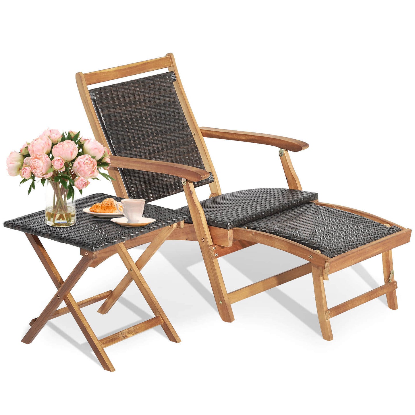 2 tumbonas plegables de ratán para patio con mesa de madera de acacia