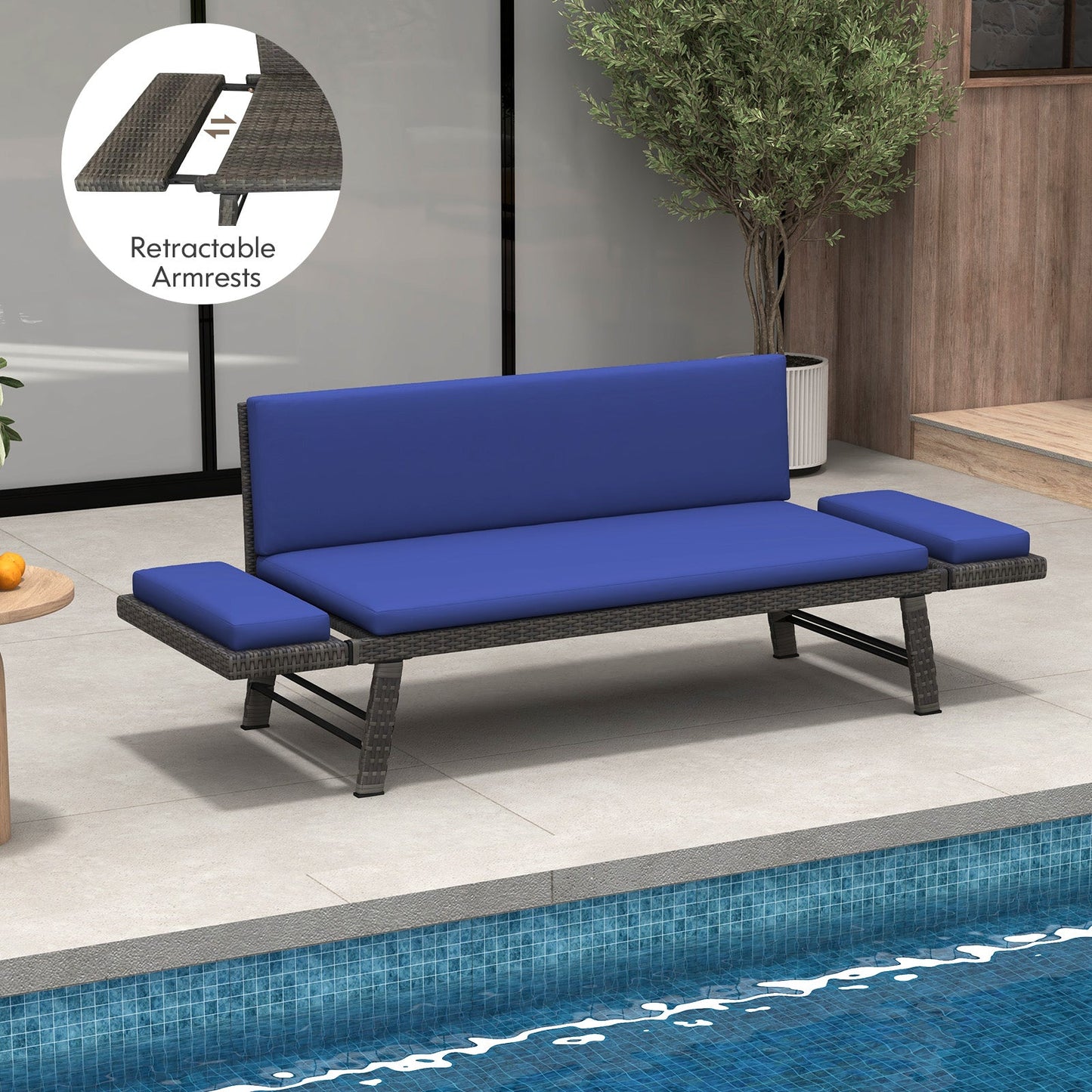 Sofá Cama Convertible para Exterior con Reposabrazos Ajustables para Balcón - Azul Marino