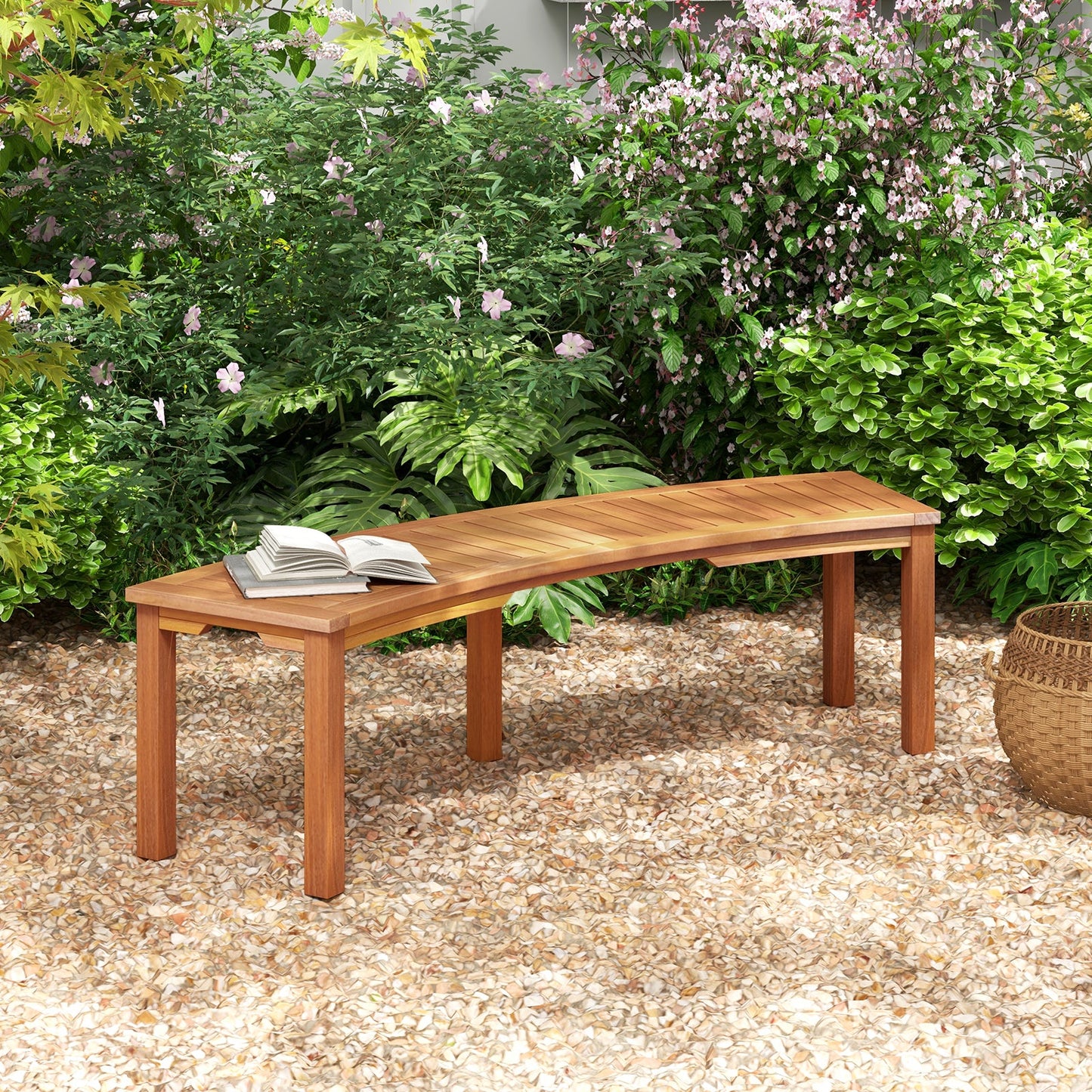 Outdoor Curved Acacia Wood Fire Pit Bench with Slatted Seat-1 Piece