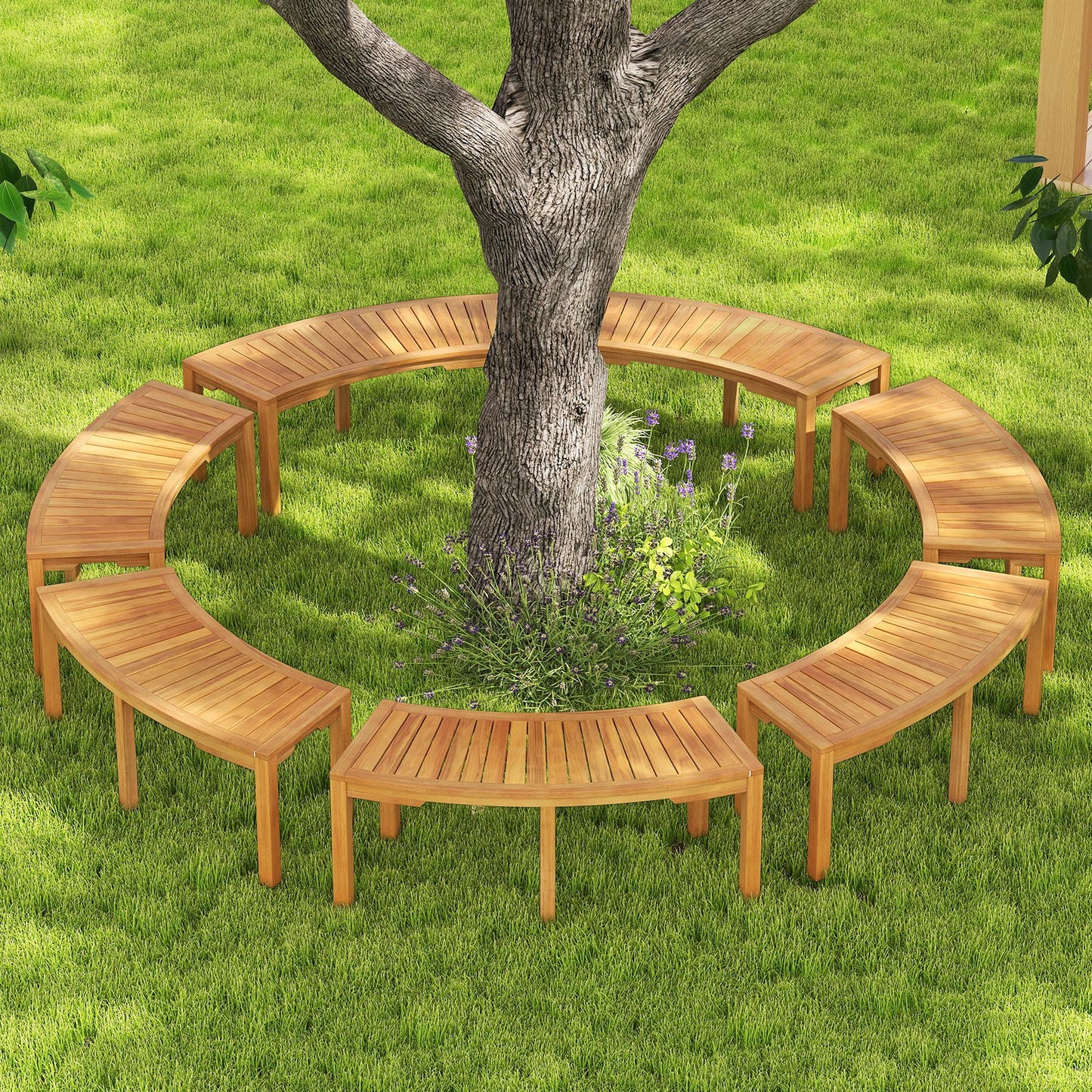 Juego de 7 bancos de jardín curvados de madera de acacia para 2 personas
