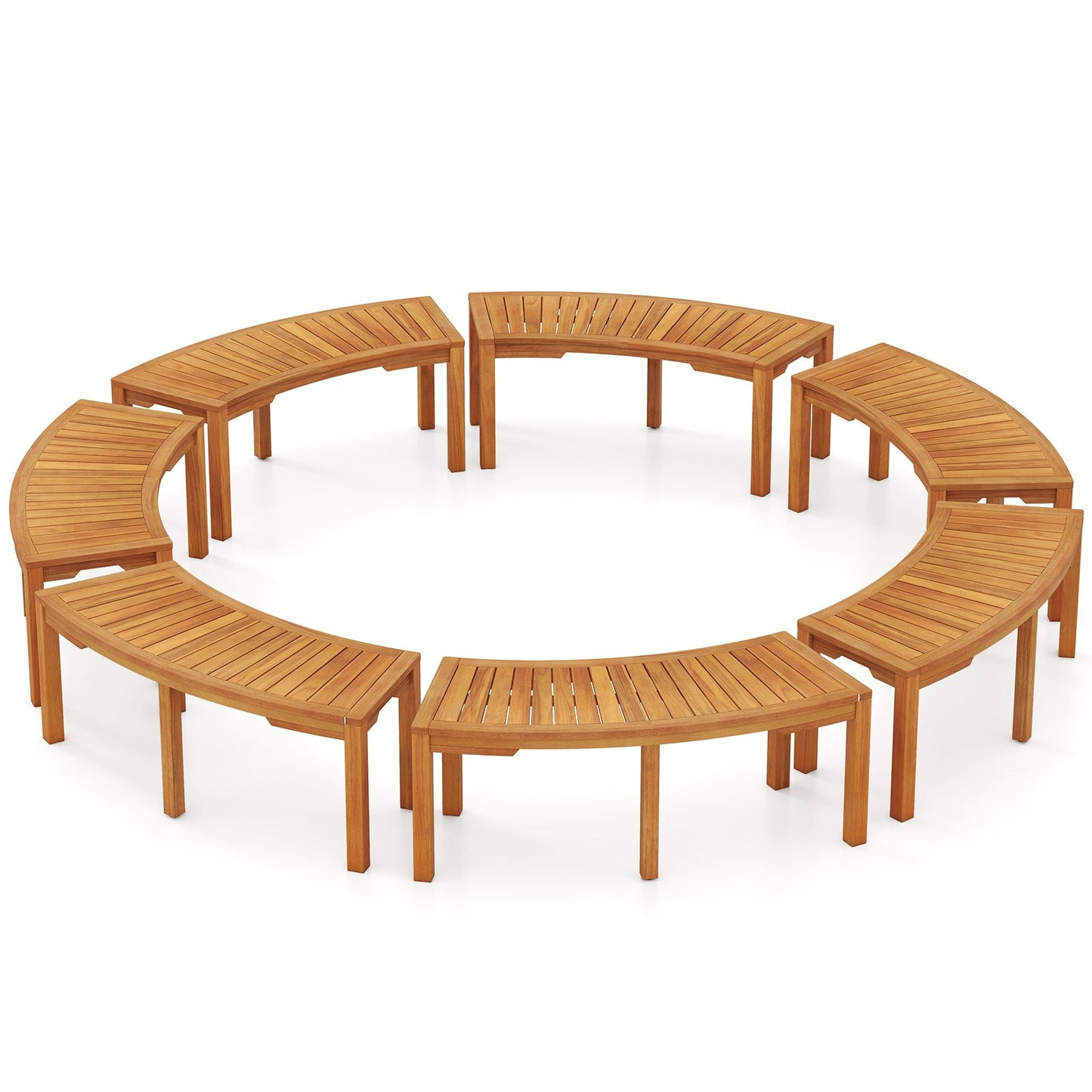 Juego de 7 bancos de jardín curvados de madera de acacia para 2 personas