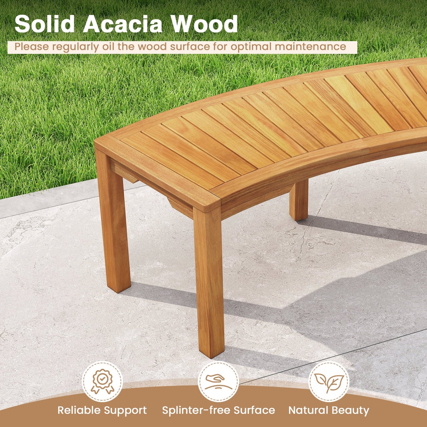 Juego de 7 bancos de jardín curvados de madera de acacia para 2 personas