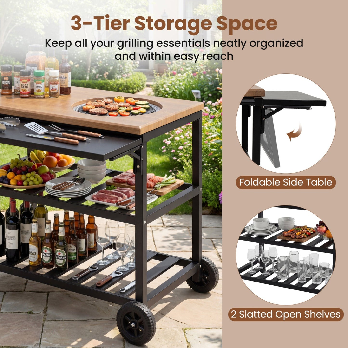Outdoor Dining Cart with BBQ Grill and Folding Side Panel