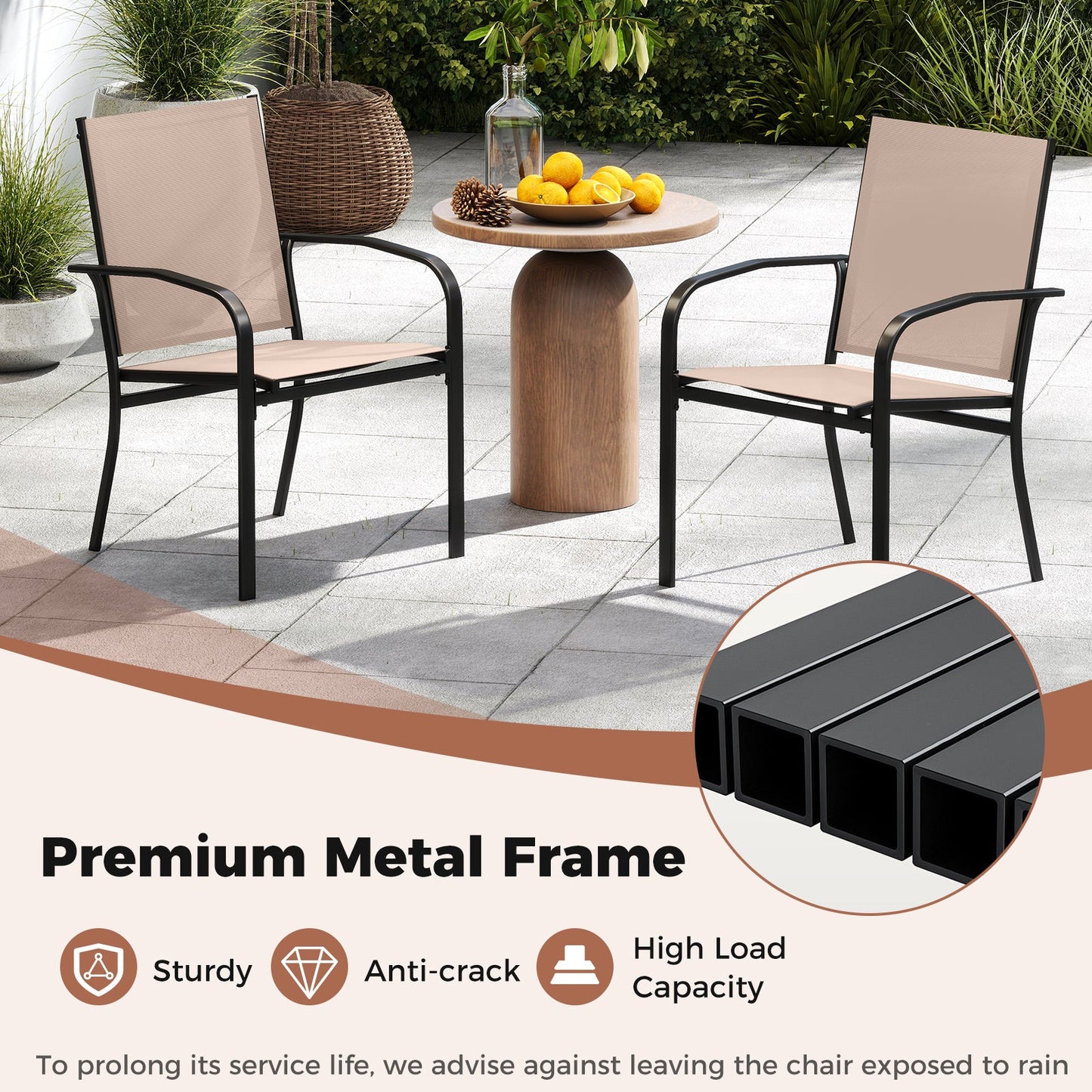 Juego de 2 sillas de comedor para exterior con respaldo alto y estructura de metal - Marrón claro