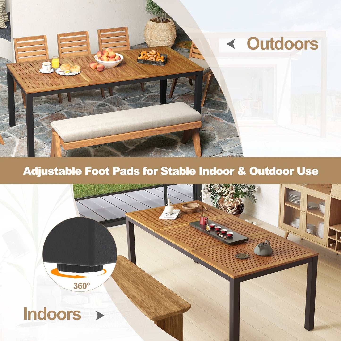 Mesa de comedor para exteriores para 8 personas, de 79 pulgadas, de madera de acacia, con agujero para sombrilla