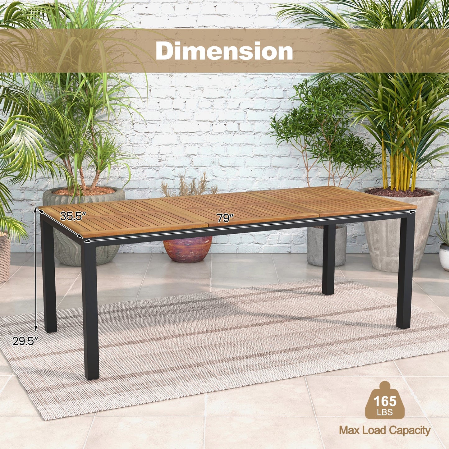 Mesa de comedor para exteriores para 8 personas, de 79 pulgadas, de madera de acacia, con agujero para sombrilla