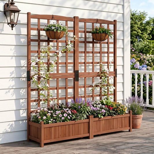 Dual raised garden bed with trellis by DirectDeals, wooden planters with flowers on Tampa Home & Garden Store