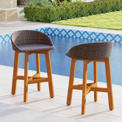 Juego de 2 sillas de bar de ratán sintético para exteriores con respaldos ergonómicos y reposapiés - Marrón