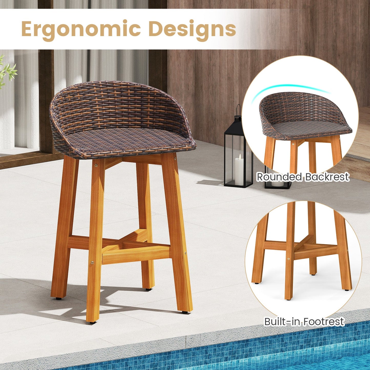 Juego de 2 sillas de bar de ratán sintético para exteriores con respaldos ergonómicos y reposapiés - Marrón