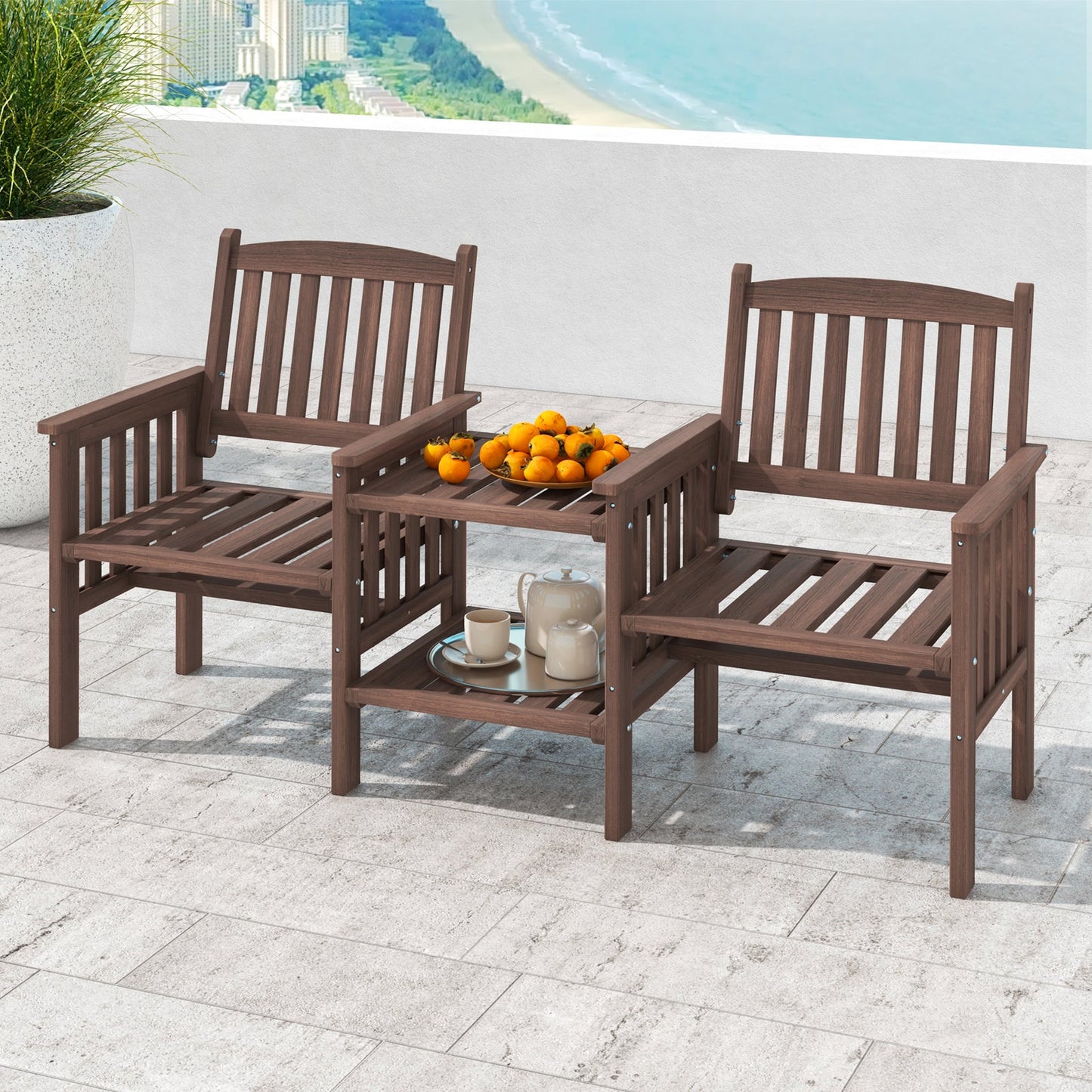 Sofá de dos plazas de abeto para exteriores con mesa auxiliar de 2 niveles y agujero para sombrilla de 1,96"-Café