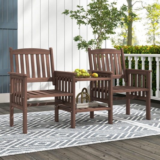 Outdoor Fir Wood Loveseat with 2-Tier Side Table and 1.96" Umbrella Hole-Coffee - Tampa Home & Garden Store