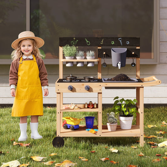 Outdoor Fir Wood Play Kitchen with Blackboard and Planting Pots-Natural - Tampa Home & Garden Store