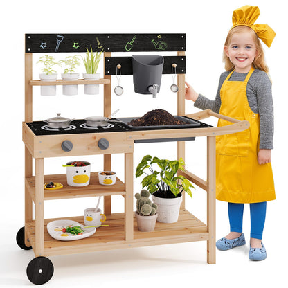 Outdoor Fir Wood Play Kitchen with Blackboard and Planting Pots-Natural